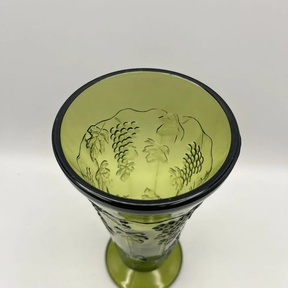 Vintage Indiana Glass Tall Footed Vase Harvest Grape Colony Green 9.75
